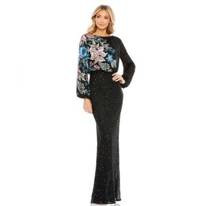 Mac Duggal 5615 Embellished Multi Color Floral High Neck Gown - Black Multi 2
